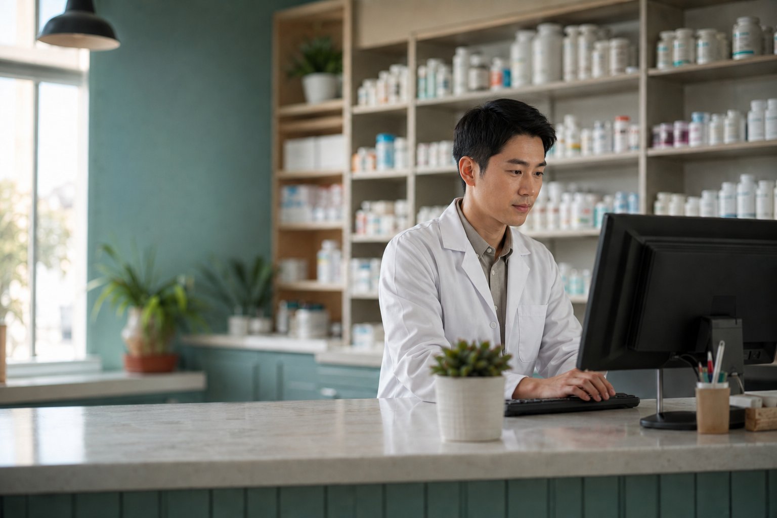 A pharmacist working at the counter of an independent pharmacy